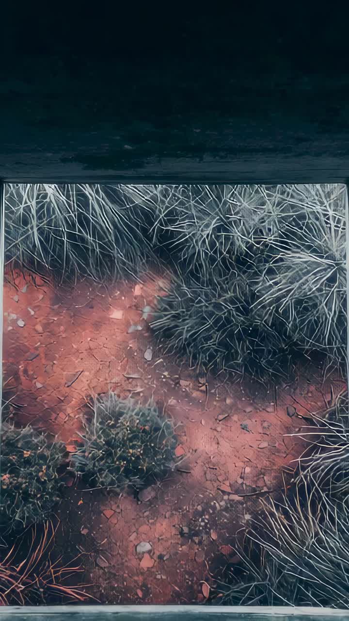 Vertical video: Camera stabilizing framing three tufts on red soil under dark opening with stones