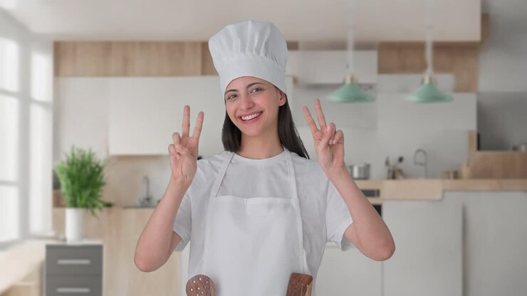 feliz mujer india chef profesional mostrando el signo de la victoria