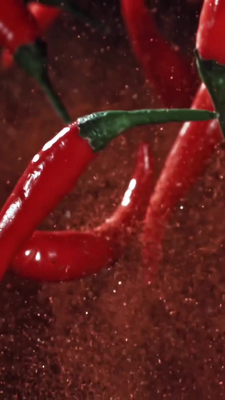 Vibrant Red Chili Peppers Floating in a Cloud of Spicy Powder