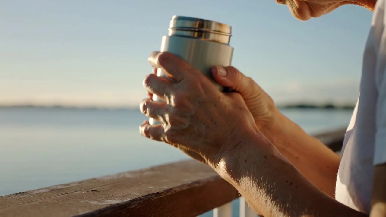 Allungando la mano, la mano destra di una donna anziana svita il tappo di un thermos sulla ringhiera del molo, aprendolo per bere.