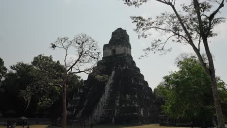 temple ii, also called the temple of the masks, rises through the forest canopy at the heart of the great plaza in tikal, guatemala.