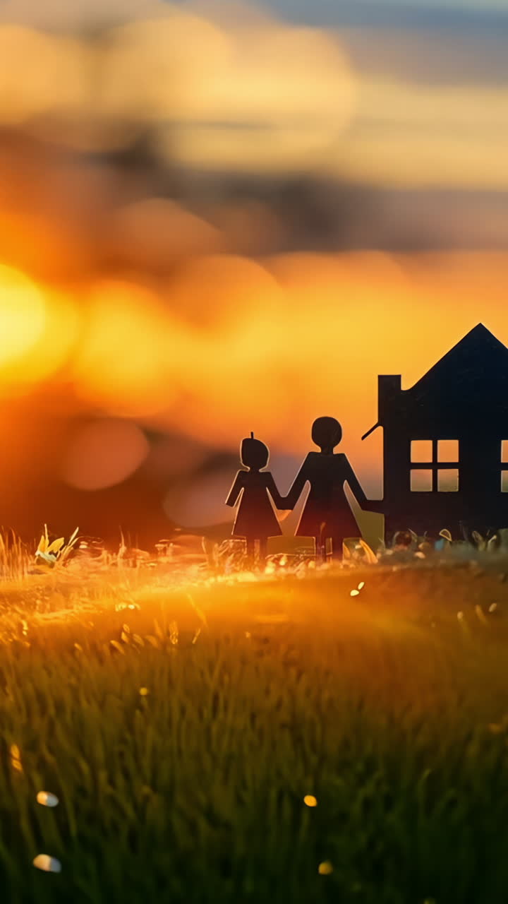 A house and two people are standing in front of it. The house is black and the sun is setting in the background