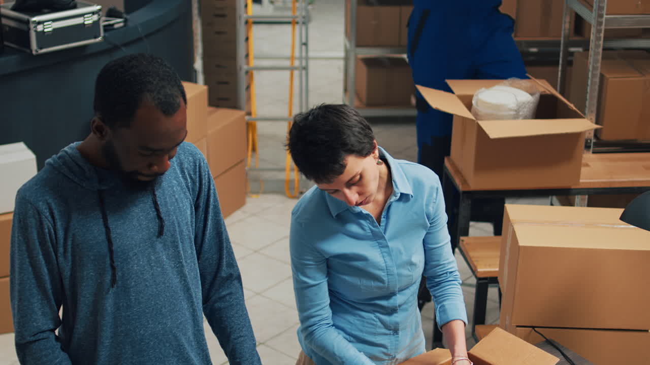 Warehouse employees packaging boxes