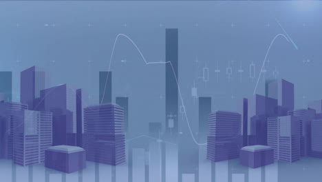 animation of financial data processing over digital cityscape