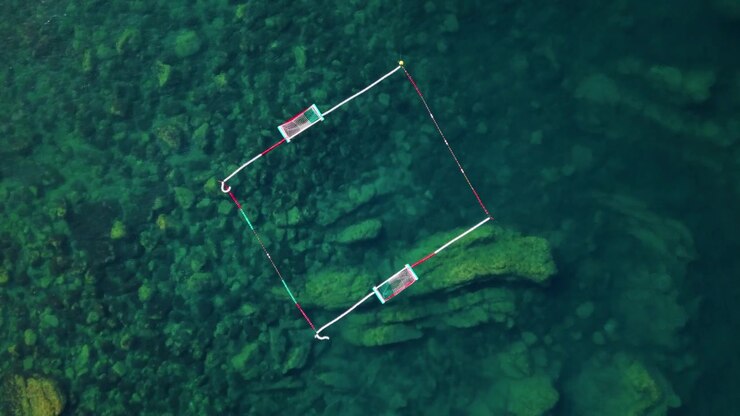 Aerial view of a square frame floating on clear sea water above rocky seabed