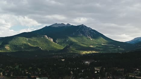 Bright-sunlight-illuminates-forested-green-mountain-side-with-sharp-ridgeline-above-Estes-Park-Colorado