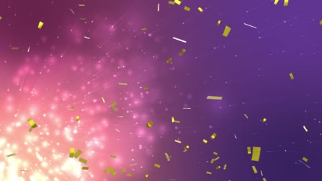 animation of gold confetti falling with particles on glowing purple background