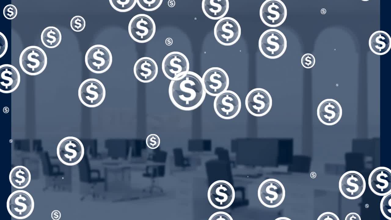 una animación de un símbolo de dólar que aparece sobre un grupo de monedas, contra un fondo transparente.