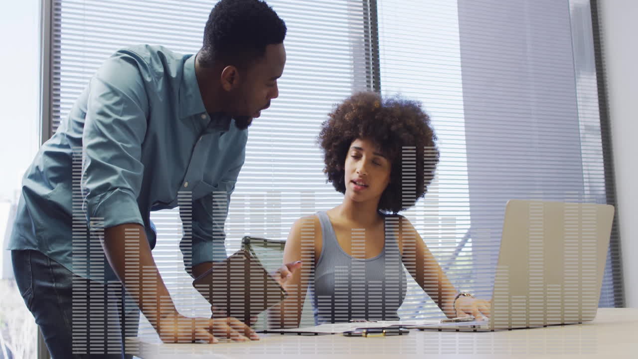 Two colleagues discussing work at office with sound wave animation overlay