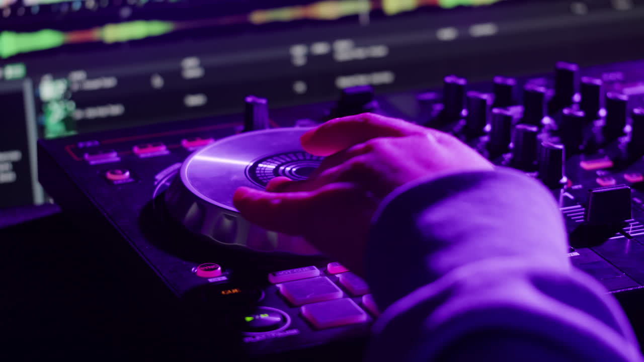 Vibrant DJ Mix Performance Closeup view of hands and equipment during a live music performance, city event, dj set in music techno club