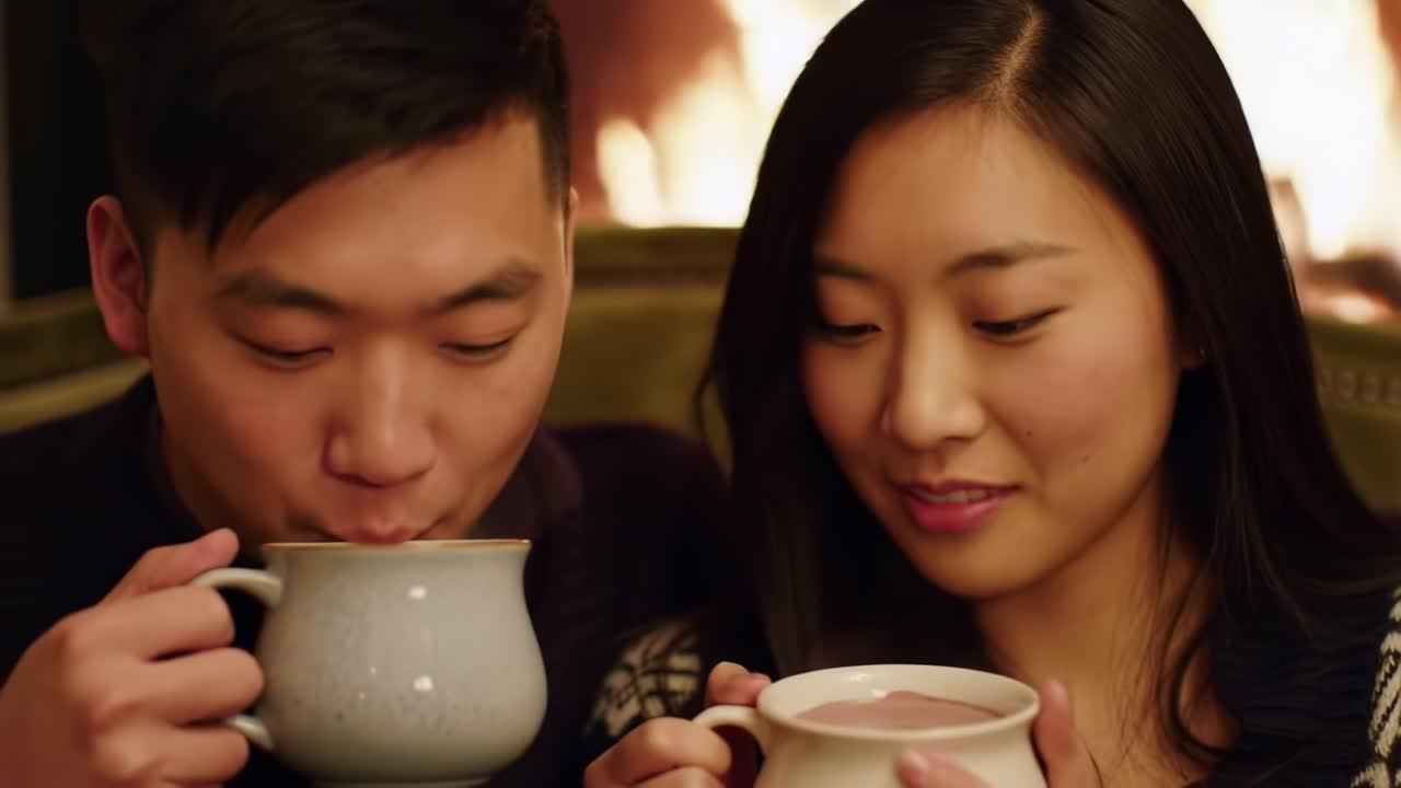 A Warm Evening Together: A Couple Enjoys Comforting Hot Beverages by the Fire, Sharing Moments of Connection and Joy in a Cozy Atmosphere