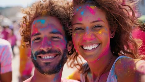 joyful couple covered in vibrant colors at a festival