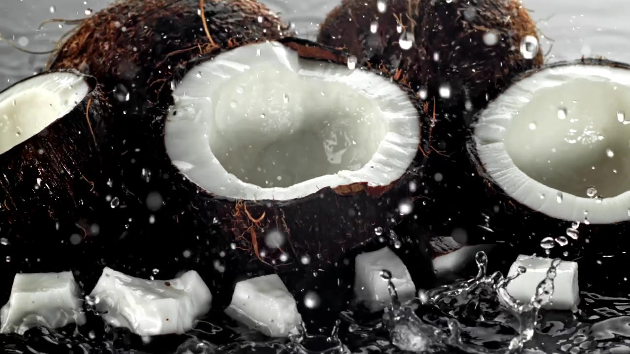 Noci di cocco fresche e pezzi di cocco con spruzzi d'acqua