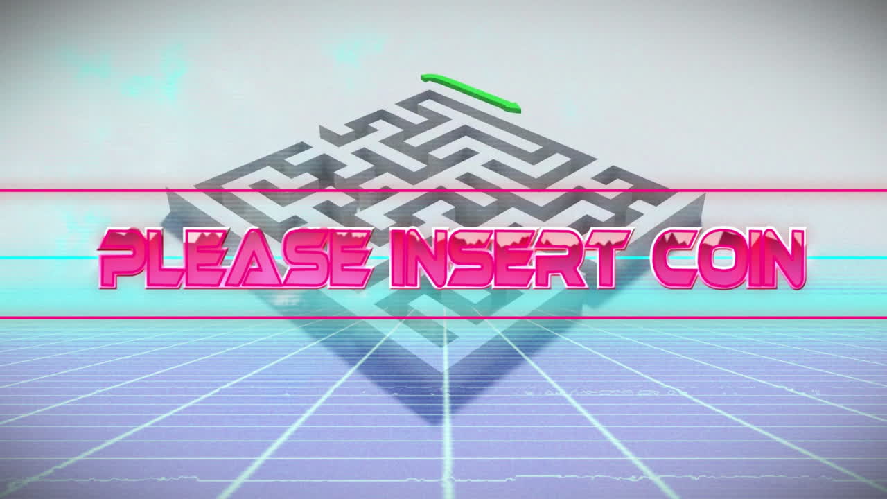 Please insert coin text over retro maze animation with grid background