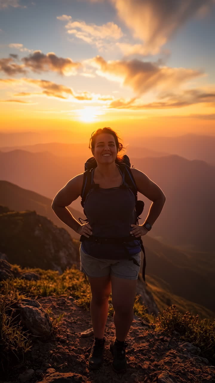 Donna escursionista al tramonto su una cima di montagna