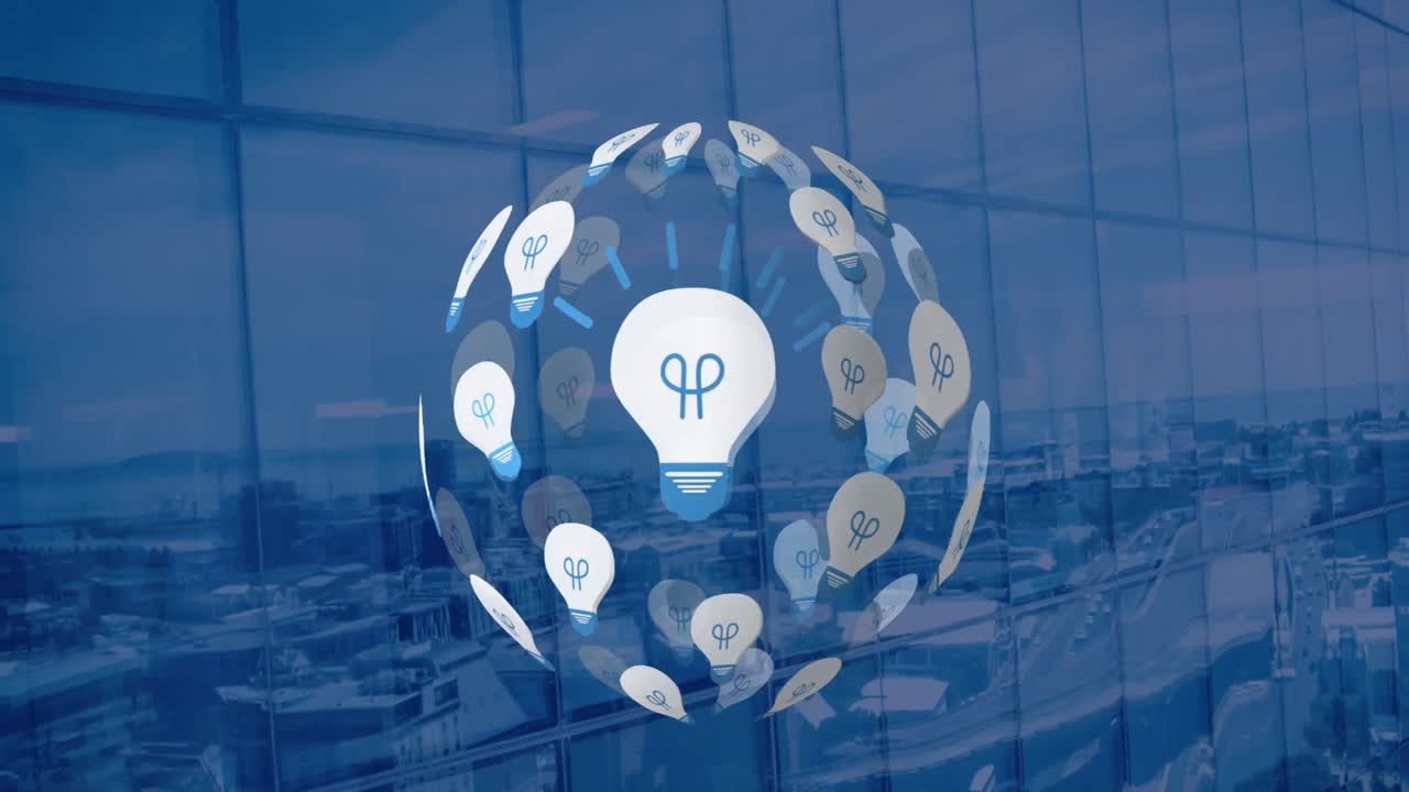 도시 풍경 위에 전구로 형성 된 지구의 애니메이션