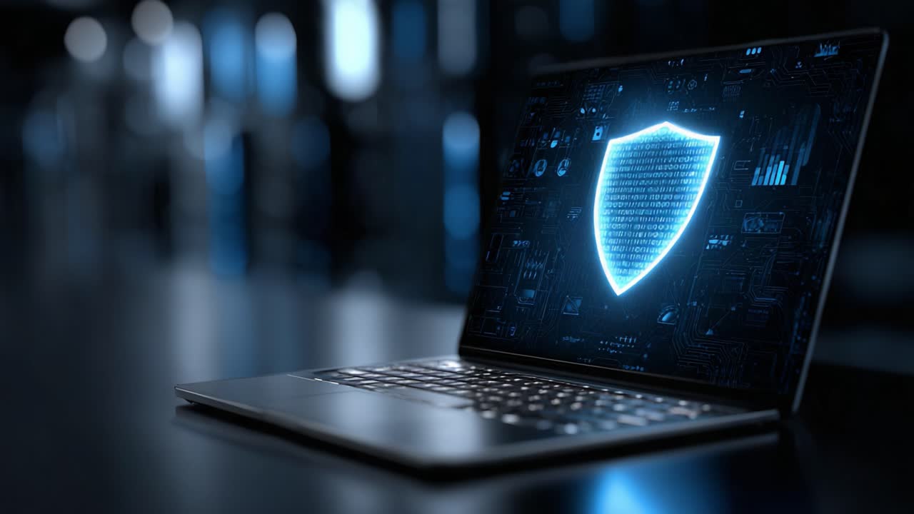 A sleek laptop illuminated with a vibrant blue cybersecurity shield, representing protection against digital threats, showcasing advanced security technology in a modern environment