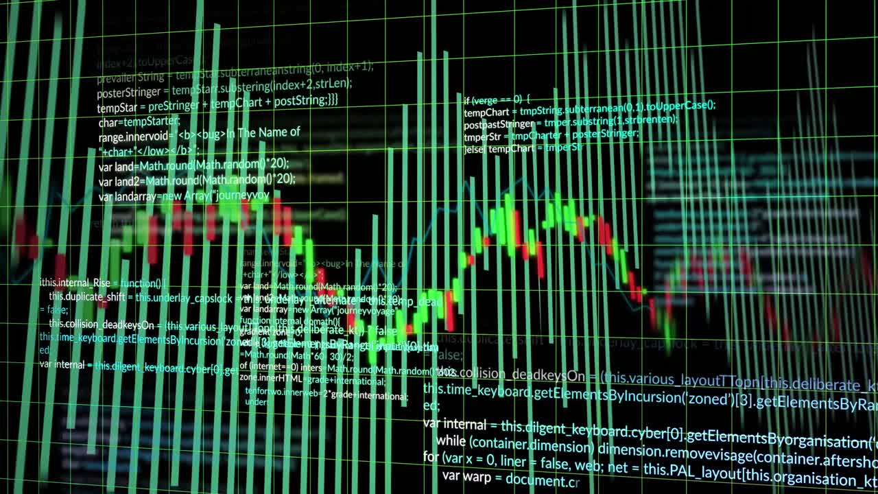 Animation of financial data processing over black background