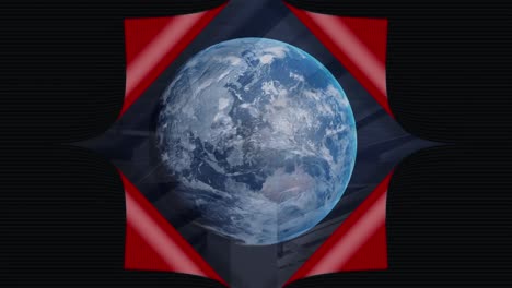 animation of red screen revealing globe over warehouse