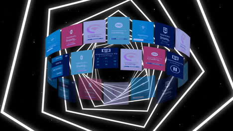 Animation of diverse logos on hexagons moving over black background