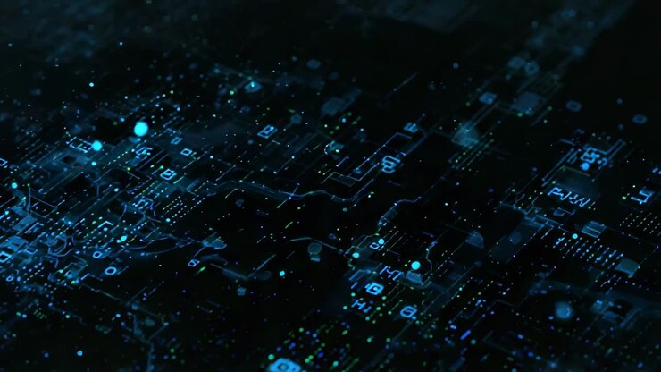 Camera zooming and tilting over dark virtual board, showing data across glowing traces, pads, nodes