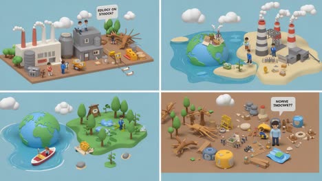 an animated exploration of industrial activity and ecological impact, showcasing contrasting scenes of pollution and nature in a playful visual narrative