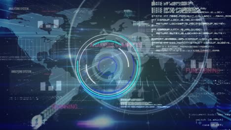 Animation-of-scope-scanning,-numbers-and-data-processing-on-blue-background