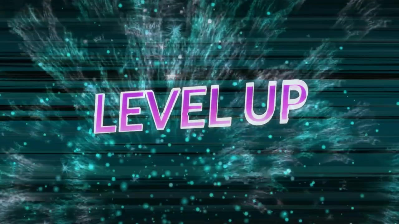 Animation of level up text over shapes and black background