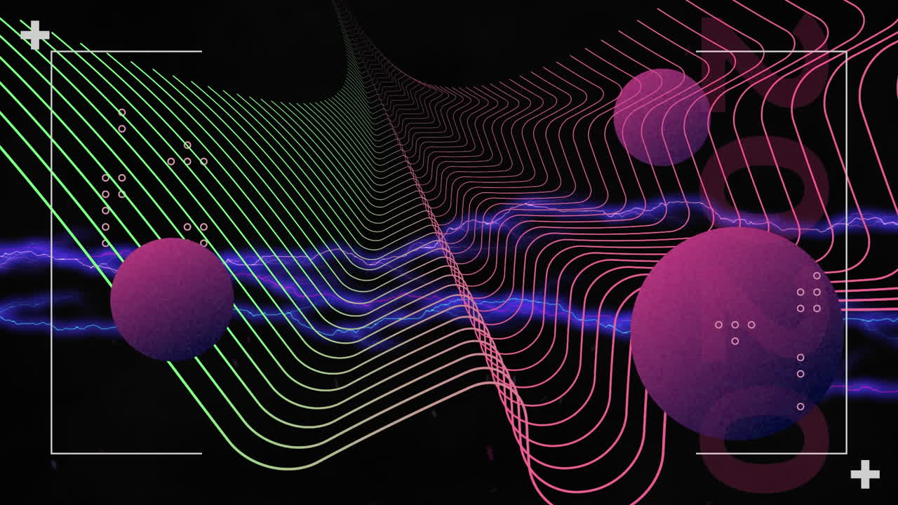 Animation of interface processing data, with purple electric currents, parallel curves and spheres