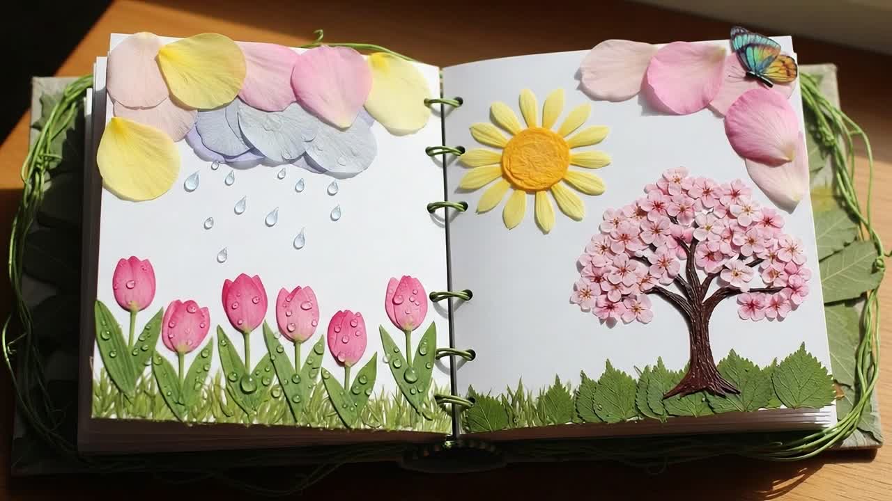 A Charming Artistic Representation of Nature: A Beautifully Decorated Open Book Featuring Pink Tulips, Rain, a Sunflower, and a Blossoming Cherry Blossom Tree