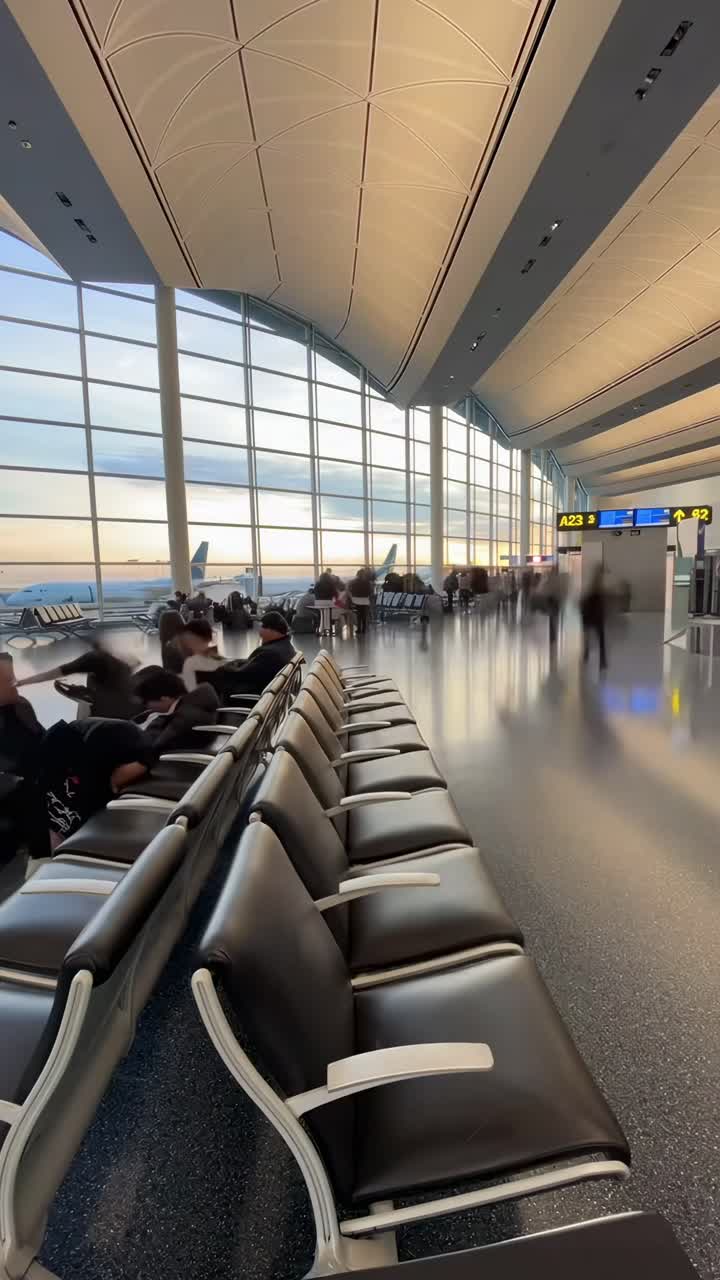 Video grandangolare di un terminal aeroportuale, che riprende un design elegante e moderno e viaggiatori indaffarati.