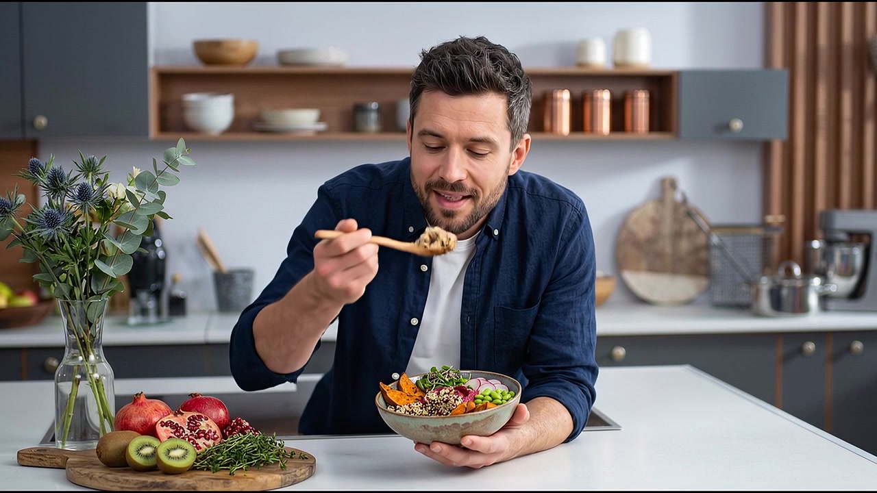 Uomo che mangia una ciotola di insalata nutriente in una cucina contemporanea con frutta e scaffali in legno sullo sfondo.