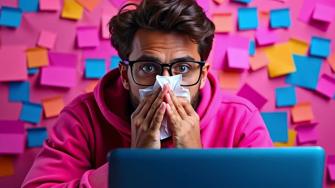 A man blowing his nose while sitting in front of a laptop