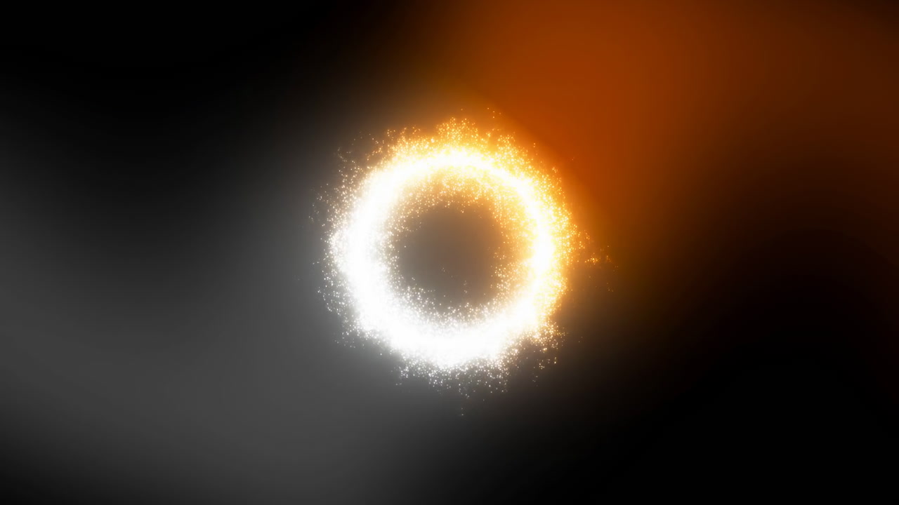 Glowing Fiery Halo Ring On Black. Particle Sparks And Orange Flare Sweep Across Frame, Ideal For Cinematic