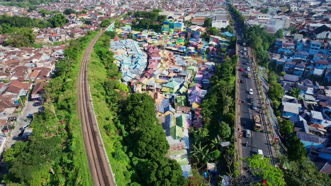 Colorful village in Malang, transformed from slums, aerial view, vibrant
