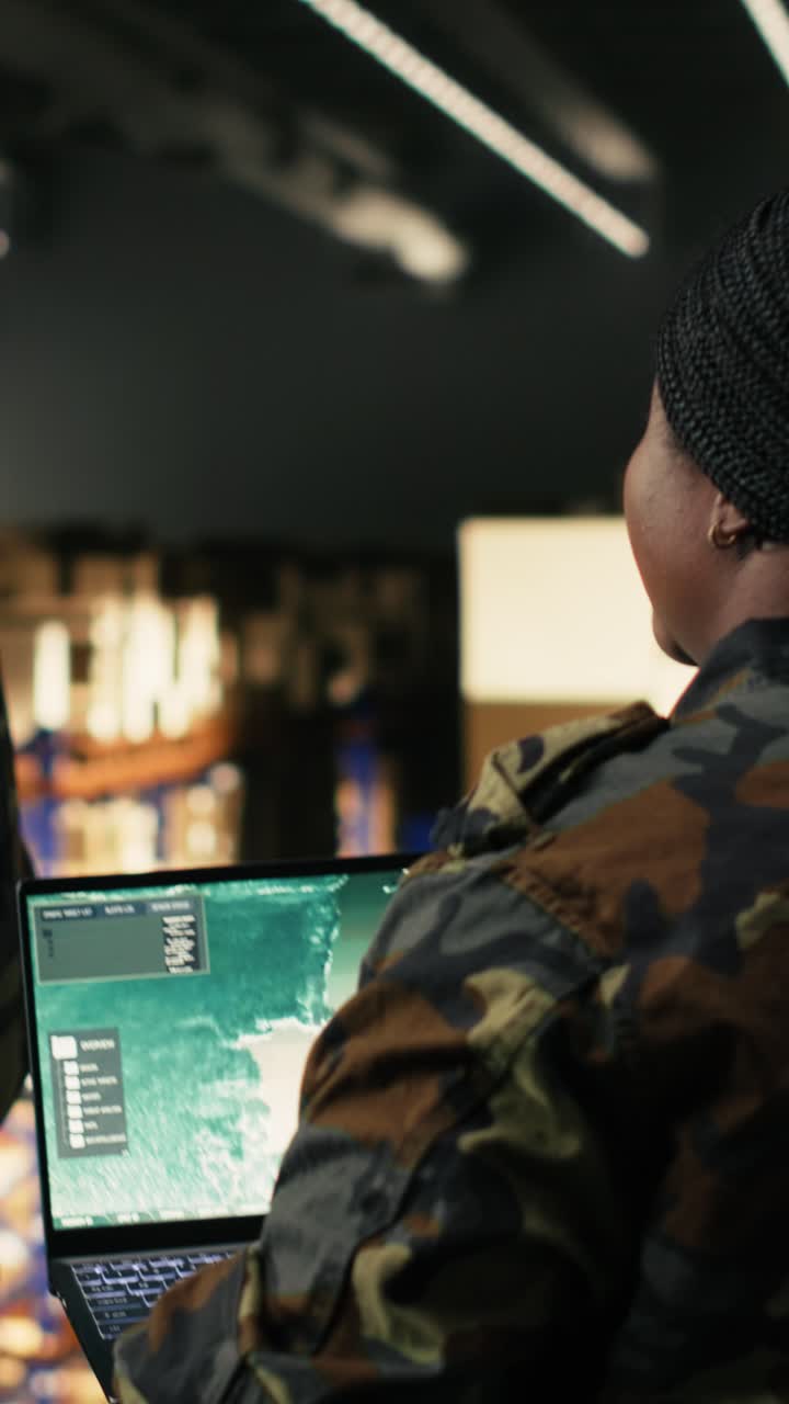 Vertical Video Black woman soldier, aerial surveillance, secure military operations