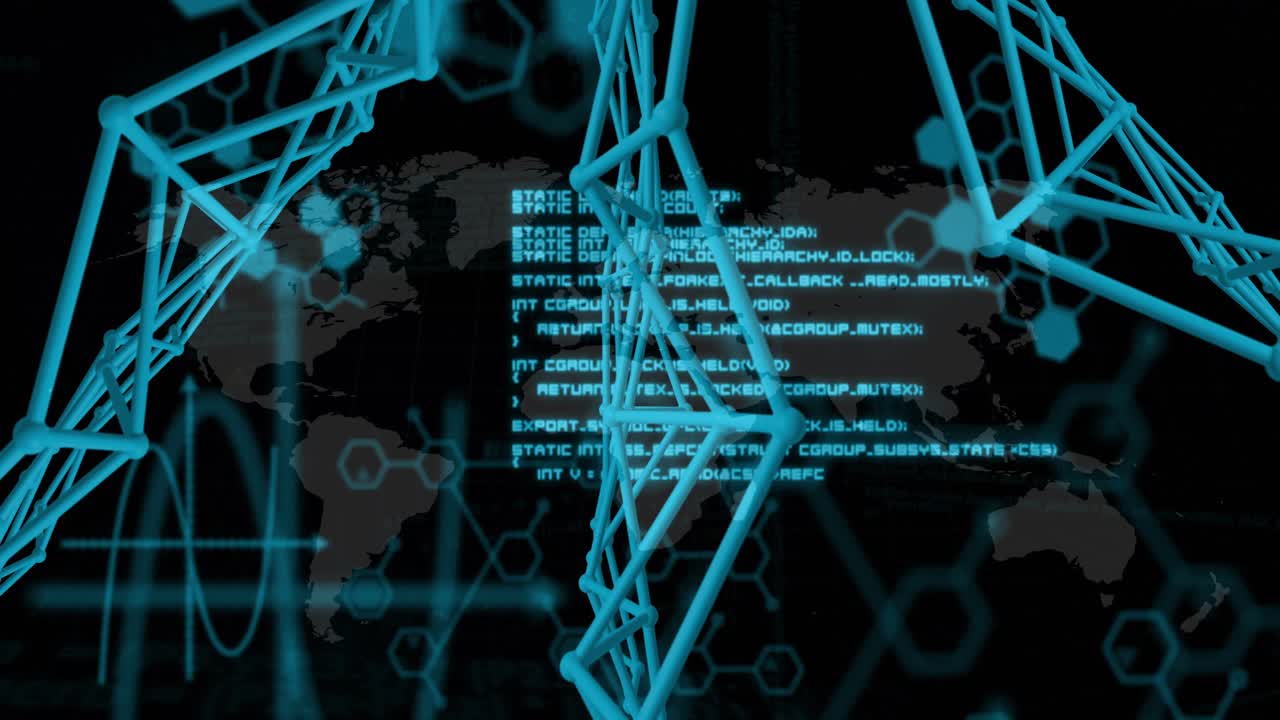 UI loading 3D cyan lattice rotating and code panels scrolling revealing world map viewing data