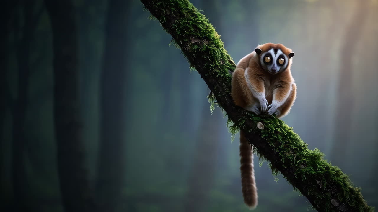 Un Lori Lento Appollaiato su un Ramo Coperto di Muschio in una Foresta Lussureggiante