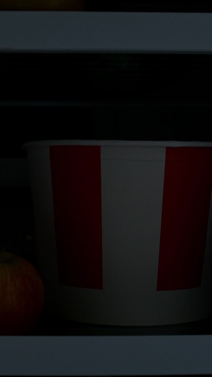 Person looking inside a refrigerator with a fast food bucket
