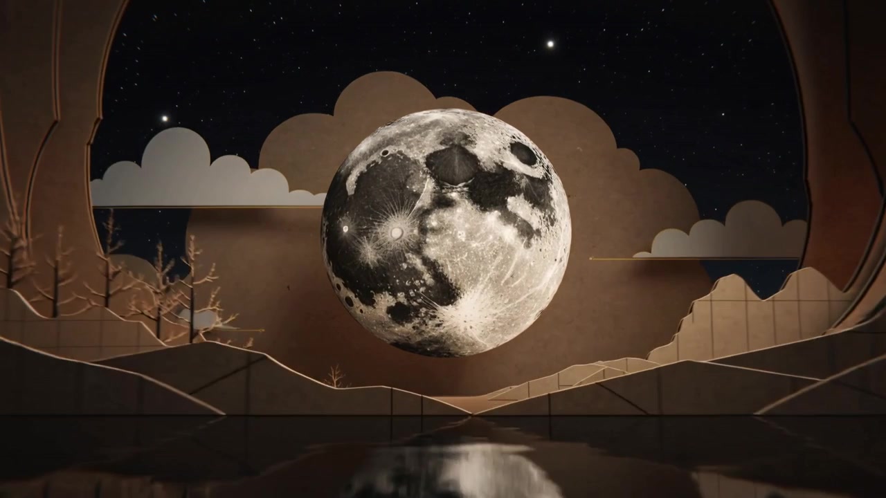 Arco escuro a descascar revelando lua cinzenta acima de água espelhada em montanhas de papel, expondo estrelas