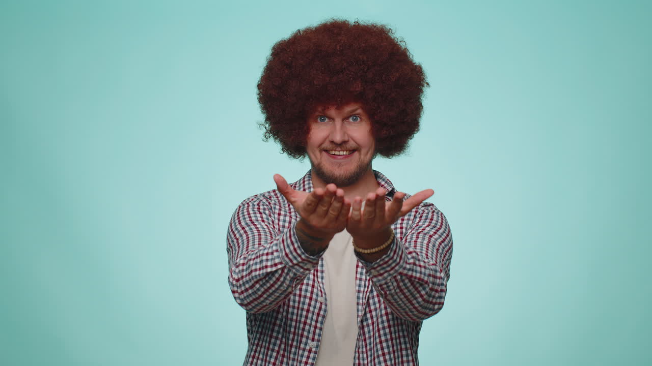 Man opening hands, glad to see, excitement, preparing surprise sharing love emotions, congratulating