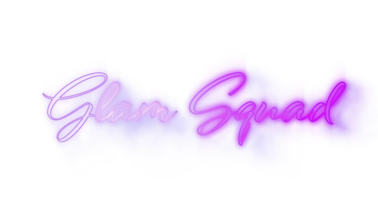 Glam squad graphic in pink neon on white background