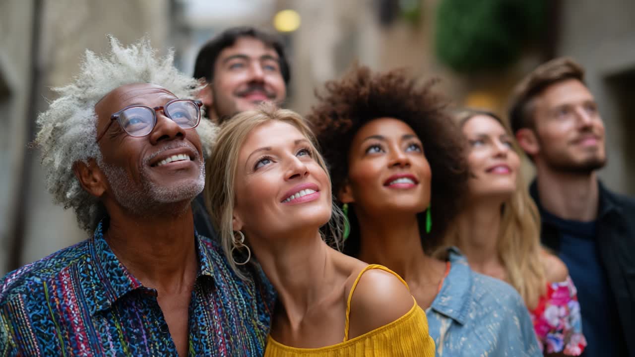 Diverse Group of People Looking Up in City