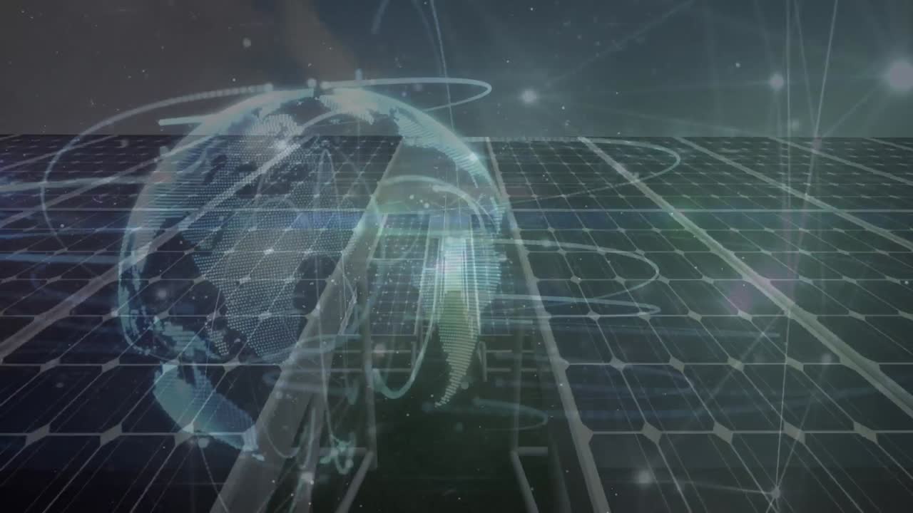 анимация сети соединений и глобуса над солнечными панелями