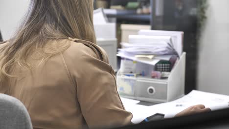 rear view on blonde businesswoman working in corporate office preparing for meeting