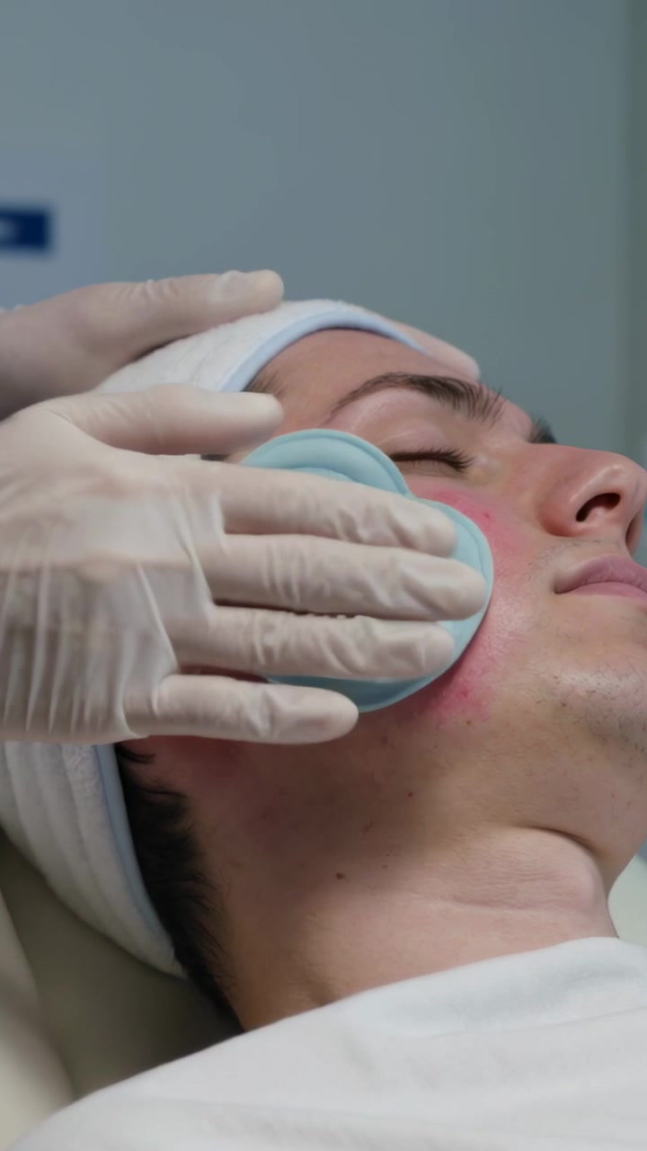 Video verticale: Professionista guantato che tratta la guancia di un uomo con un tampone blu in clinica, con una fascia per capelli visibile.