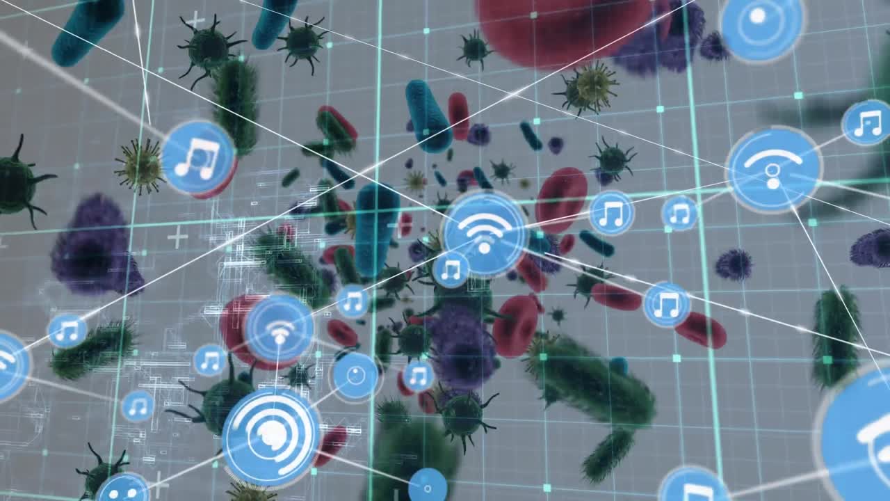 red de iconos digitales contra las células de covid-19 y los vasos sanguíneos en fondo blanco