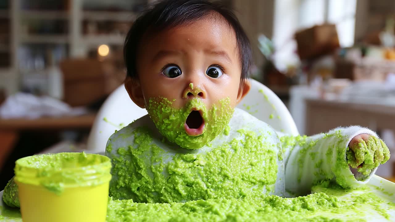 A Delightful Mess: A Baby's Playful Encounter with Green Food, Capturing the Wonder of Childhood as They Express Surprise and Joy in a Creative, Colorful Explosion of Pure Fun
