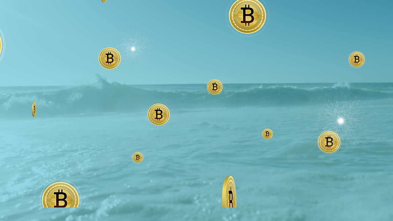 animación de bitcoins flotantes sobre las olas en el océano contra un cielo despejado.