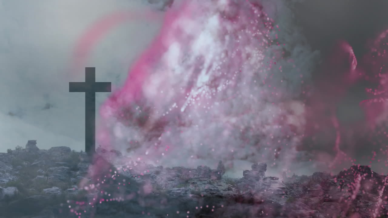 Silhouette of cross with swirling pink and white smoke in background animation